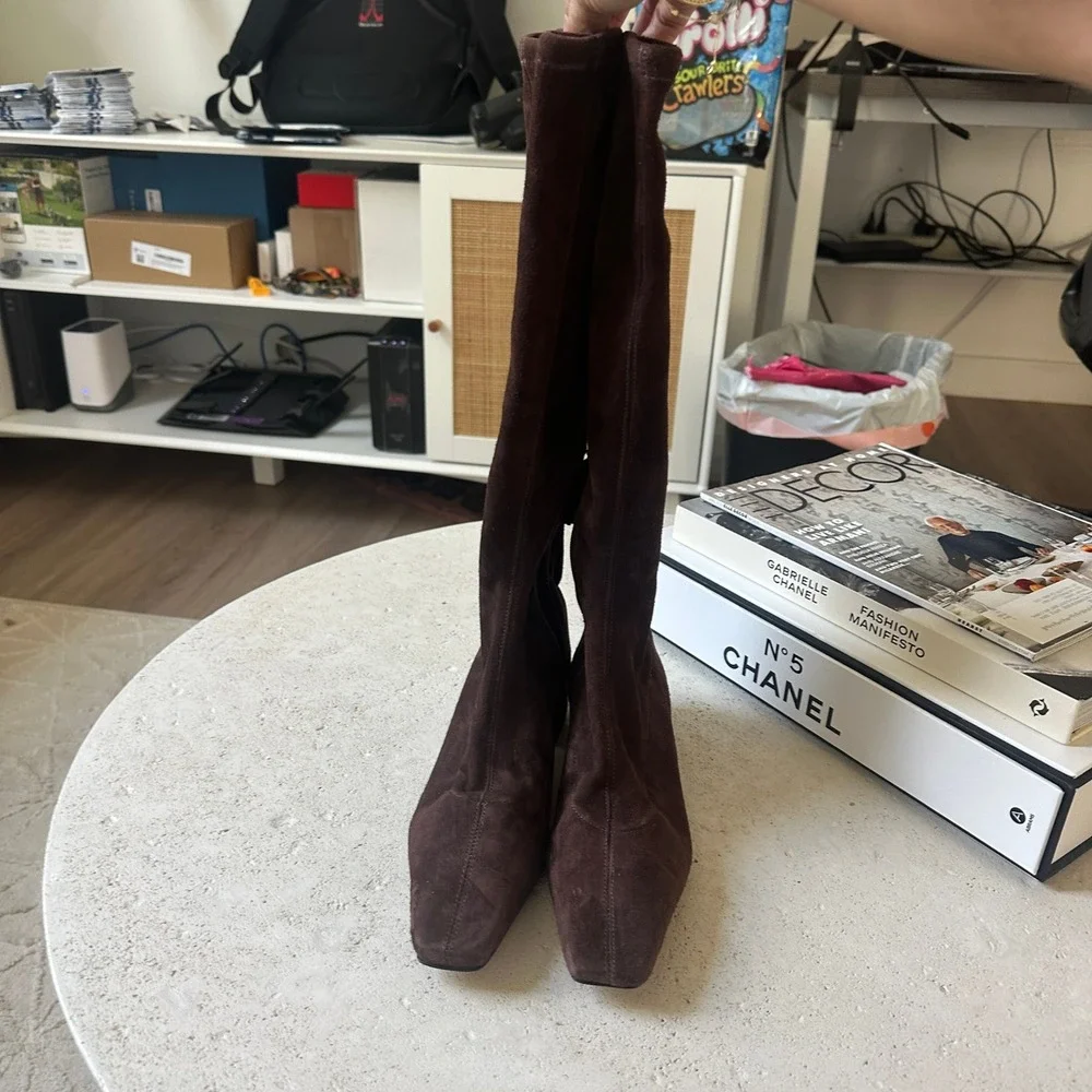 NEW Reformation Raven Knee-High Boots Suede Square Toe Block Heel Side Zip 6